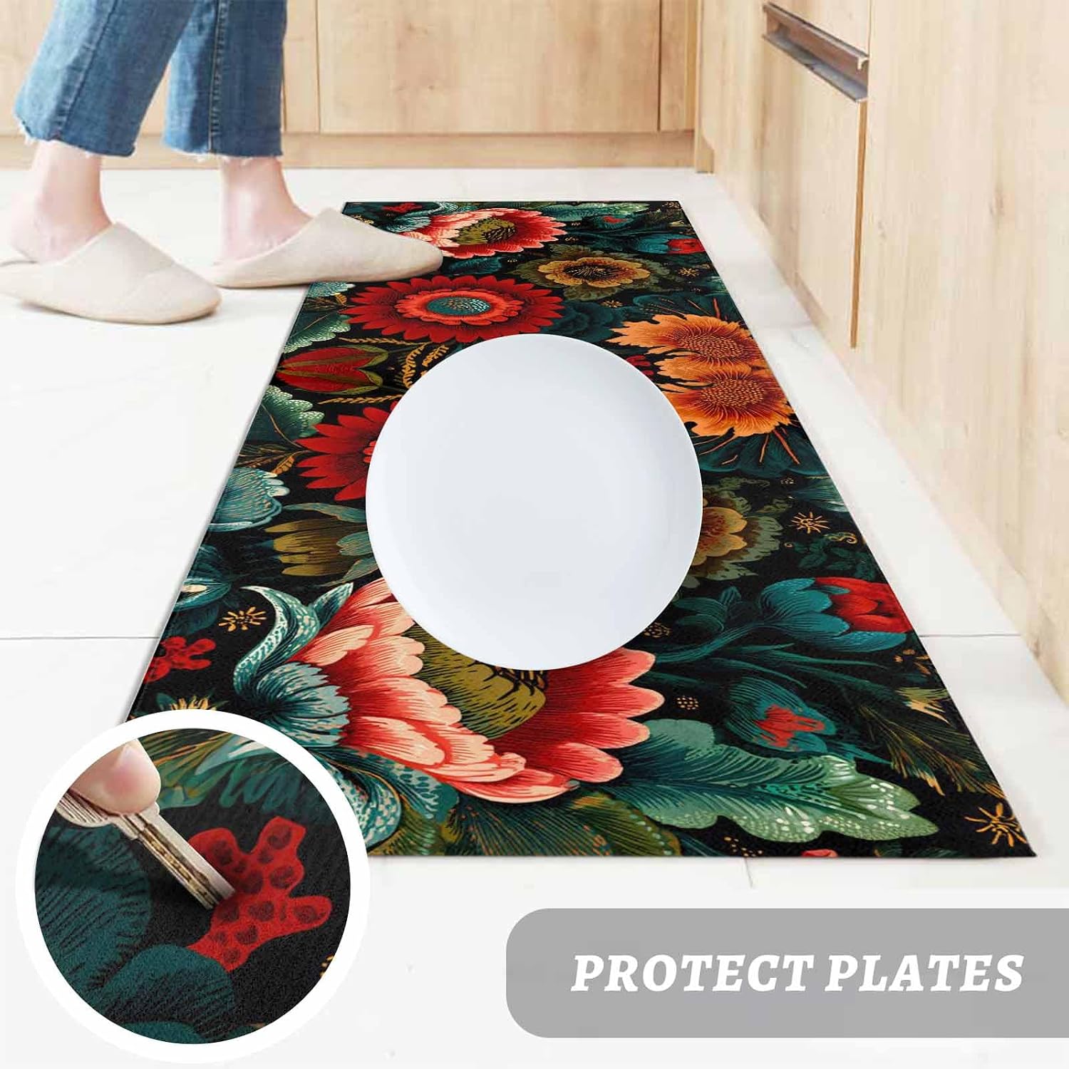 Teamery Kitchen Mats for Floor Vintage Abstract Boho Red Flowers Washable Non Slip Kitchen Rugs 1PCS, Aesthetic Floral Absorbent Standing Mats for Sink Bathroom Office Living Room 15.7x47.2in