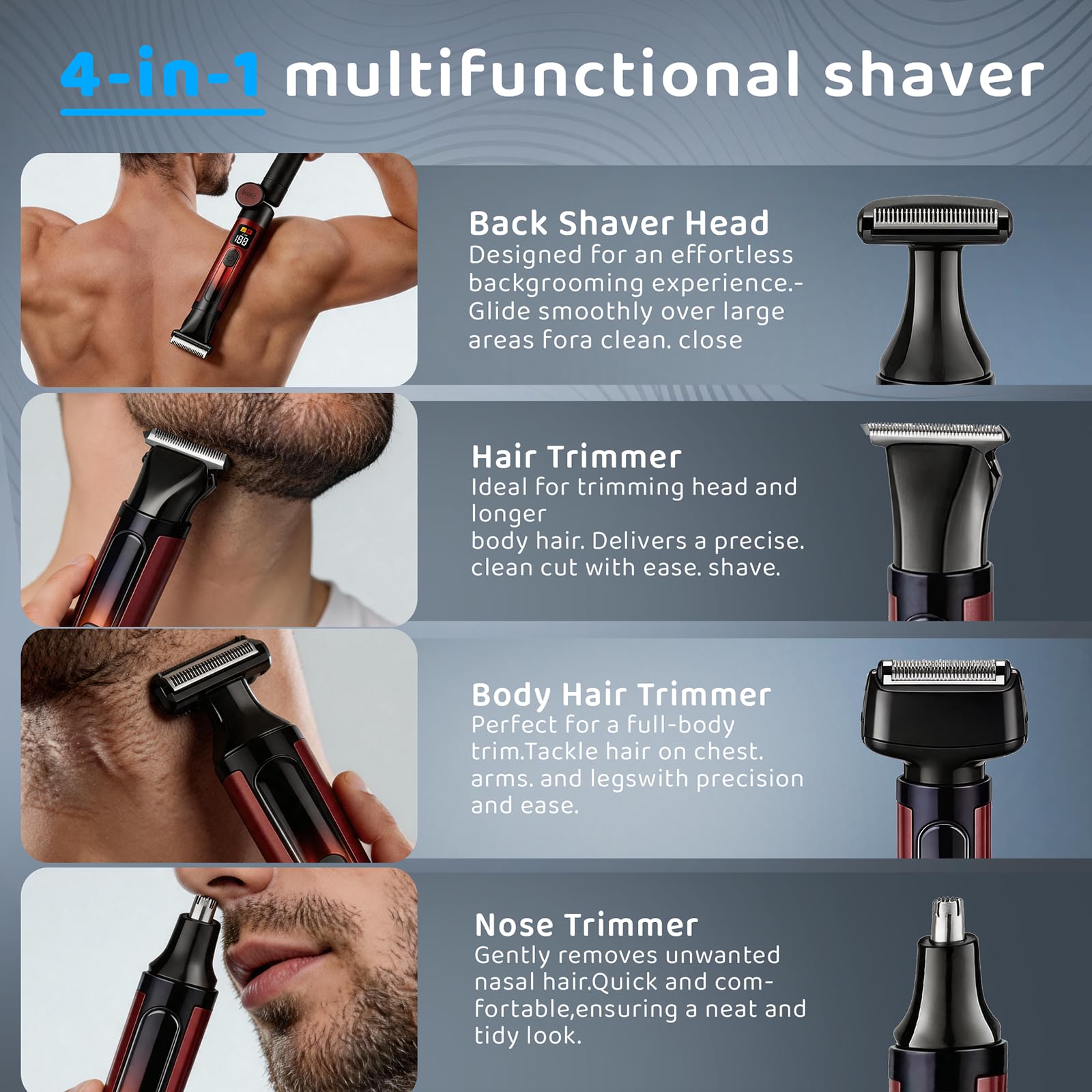 Rasoio per la schiena da uomo, kit elettrico per la toelettatura del corpo con manico di estensione regolabile, set di trimmer 4 in 1 (corpo, viso, naso, capelli), impermeabile IPX6, display a LED e