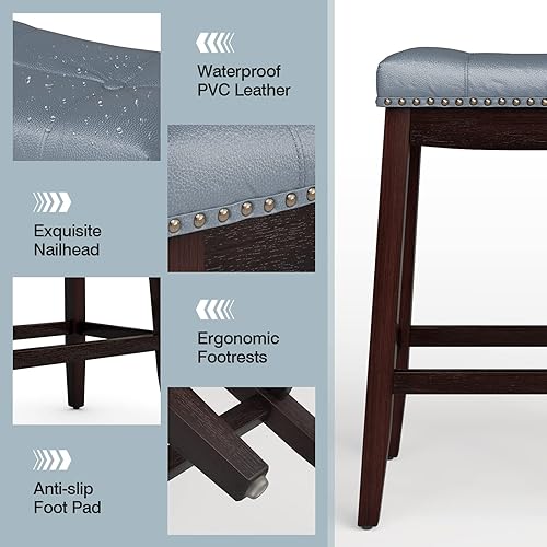 Miniatura 22 de COSTWAY Juego de 2 taburetes de bar, taburete de mostrador sin respaldo de 29 pulgadas de altura con reposapiés, cojín de asiento suave, patas de