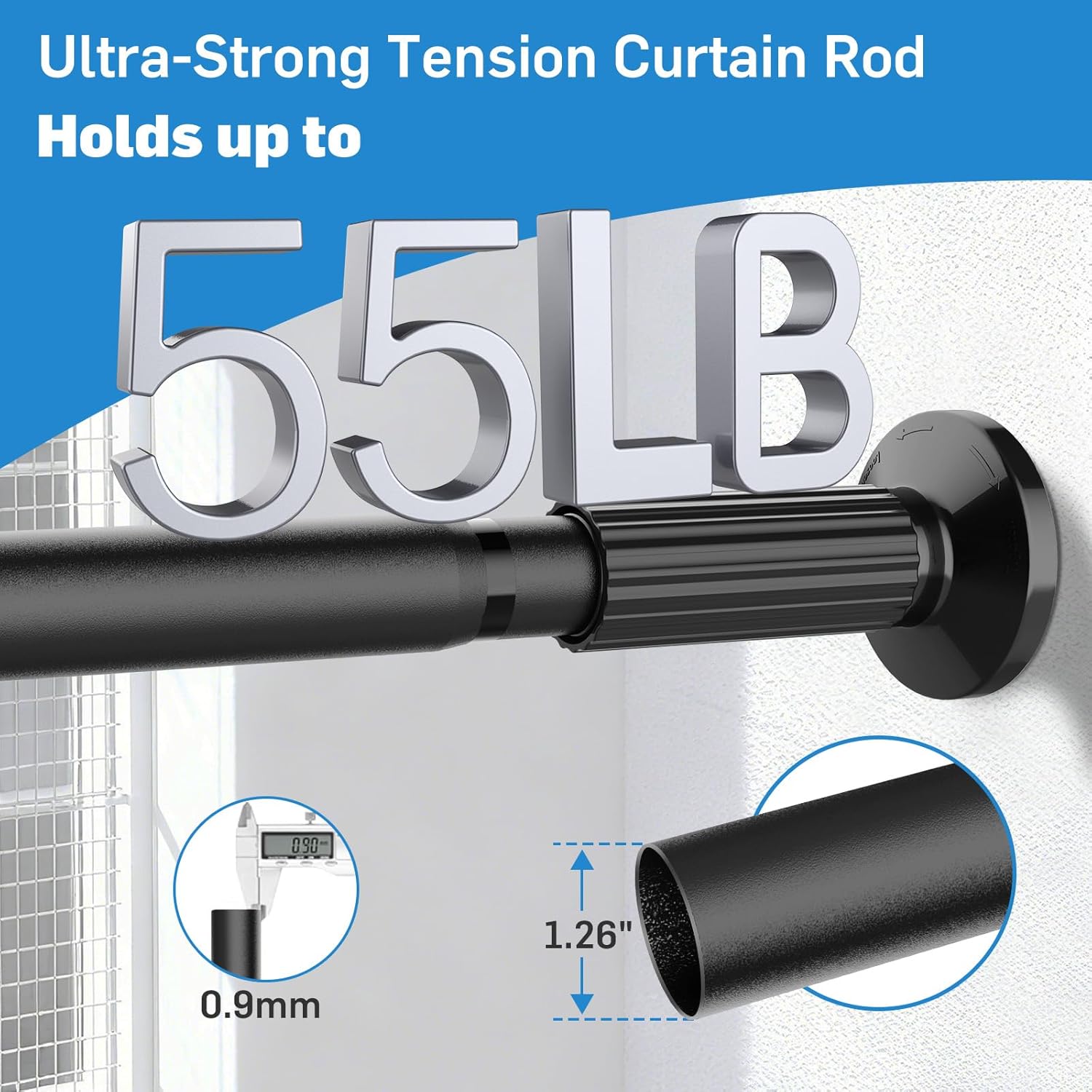 Tension Curtain Rod 51-126In(4.25-10.5Ft), Long Shower Curtain Rod for Bathroom Window Patio, No Drill Dual-End Adjustable Spring Outdoor Rod, Rust Proof Easy to Install, Rod Diameter 1.26In, Black