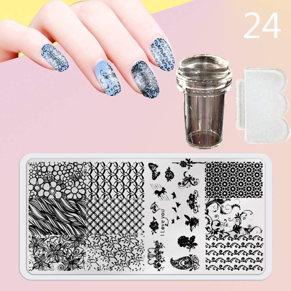 Macxy - New 12X6cm 44 Style Nail Stamping Plates Set Made Stencils Lace Flower DIY Nail Art Templates+Transparent Stamper Stamp Scraper [ 24 ]
