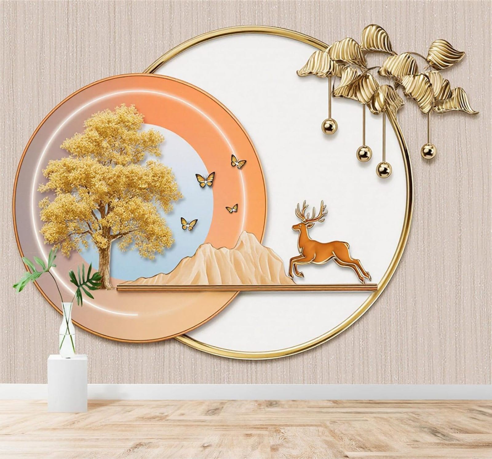 Tzxztt Golden Trees Butterflies Mountains Fawns Art Modern 3D Wallpaper Premium Textured Silk Neutral Tones Material Ideal for Living Room Bedroom-430cm×300cm