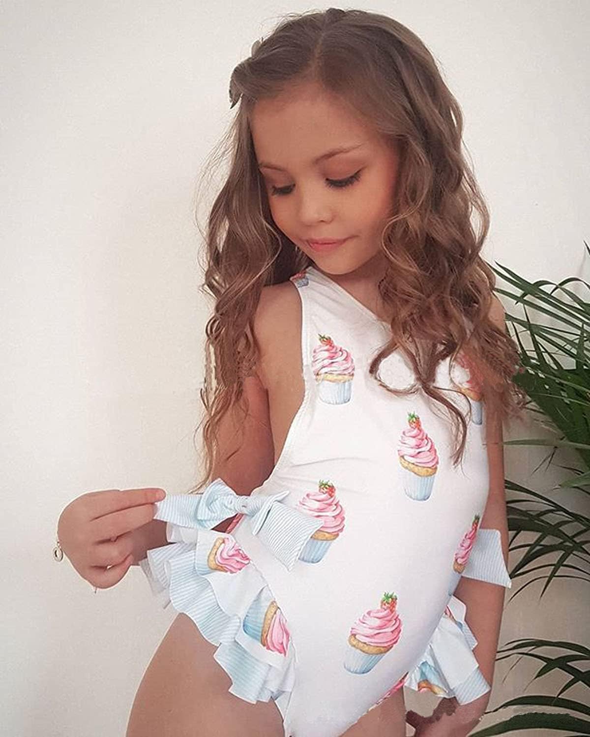 Baby Girls One-Piece Swimsuit Ice Cream Print Bathing Suit Ruffles Swimwear Cute Bowknot Beachwear