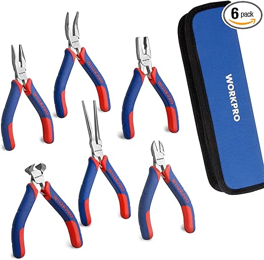 WORKPRO 6-piece Mini Pliers Set - Needle Nose, Diagonal, Long Nose, Bent Nose, End Cutting and Linesman, for Making Crafts, Repairing Electronic Devices, with Pouch