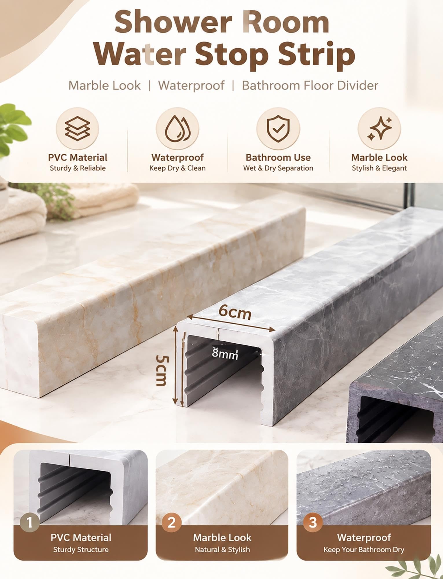 Barrera de Agua PVC, Efecto Mármol, Separación Seco-Húmedo en Baño