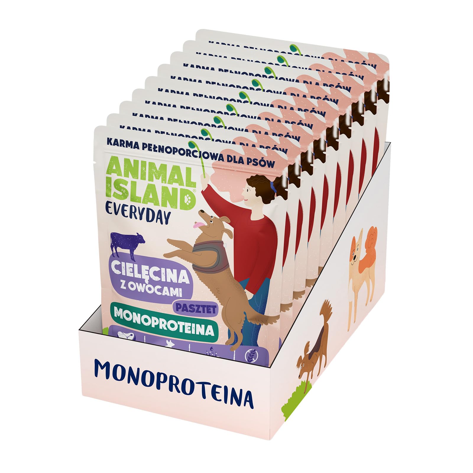 Animal Island Everyday Comida Húmeda Monoproteína para Perro Adulto Paté de Ternera con Manzana Arándano Rojo y Arándano Bolsita Sin Cereales, 9 x 300g