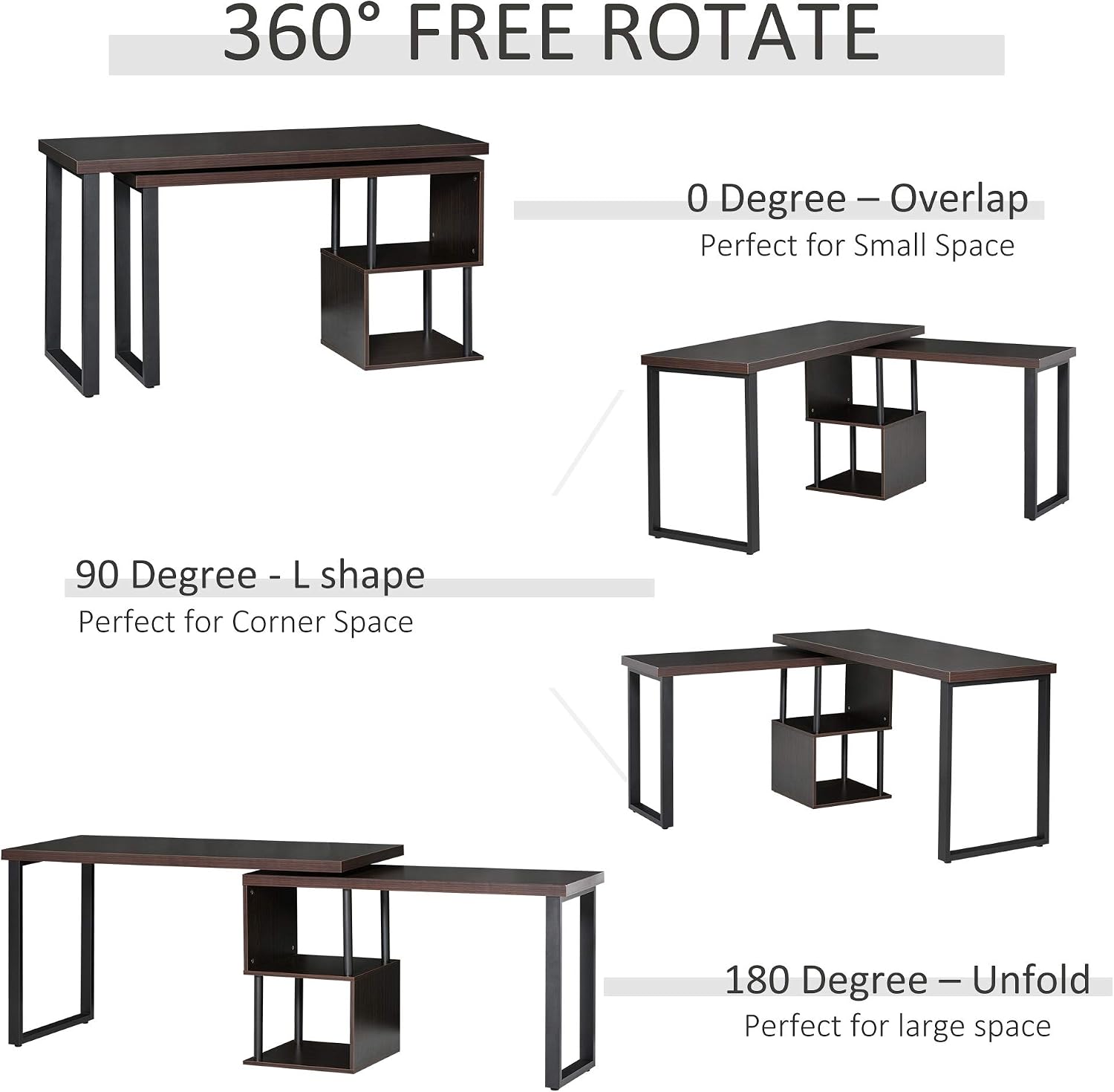 HOMCOM 55" 360 Degree Rotating Corner L-Shaped Computer Desk with Storage Shelves, Home Office Study Writing Workstation Modern Space-Saving Design, Coffee