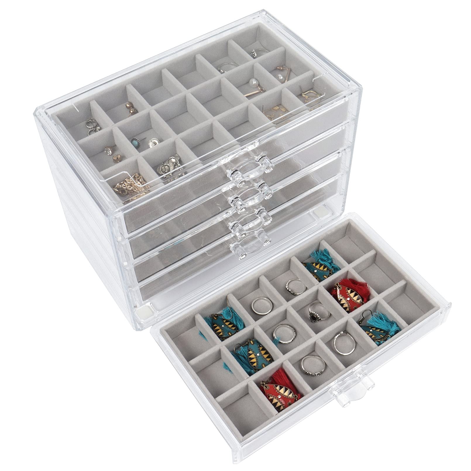 Nwvuop Boîte à bijoux en acrylique à 5 tiroirs - Rangement pour bagues - Organiseur pour boucles d'oreilles - Organiseur de bijoux - Gris