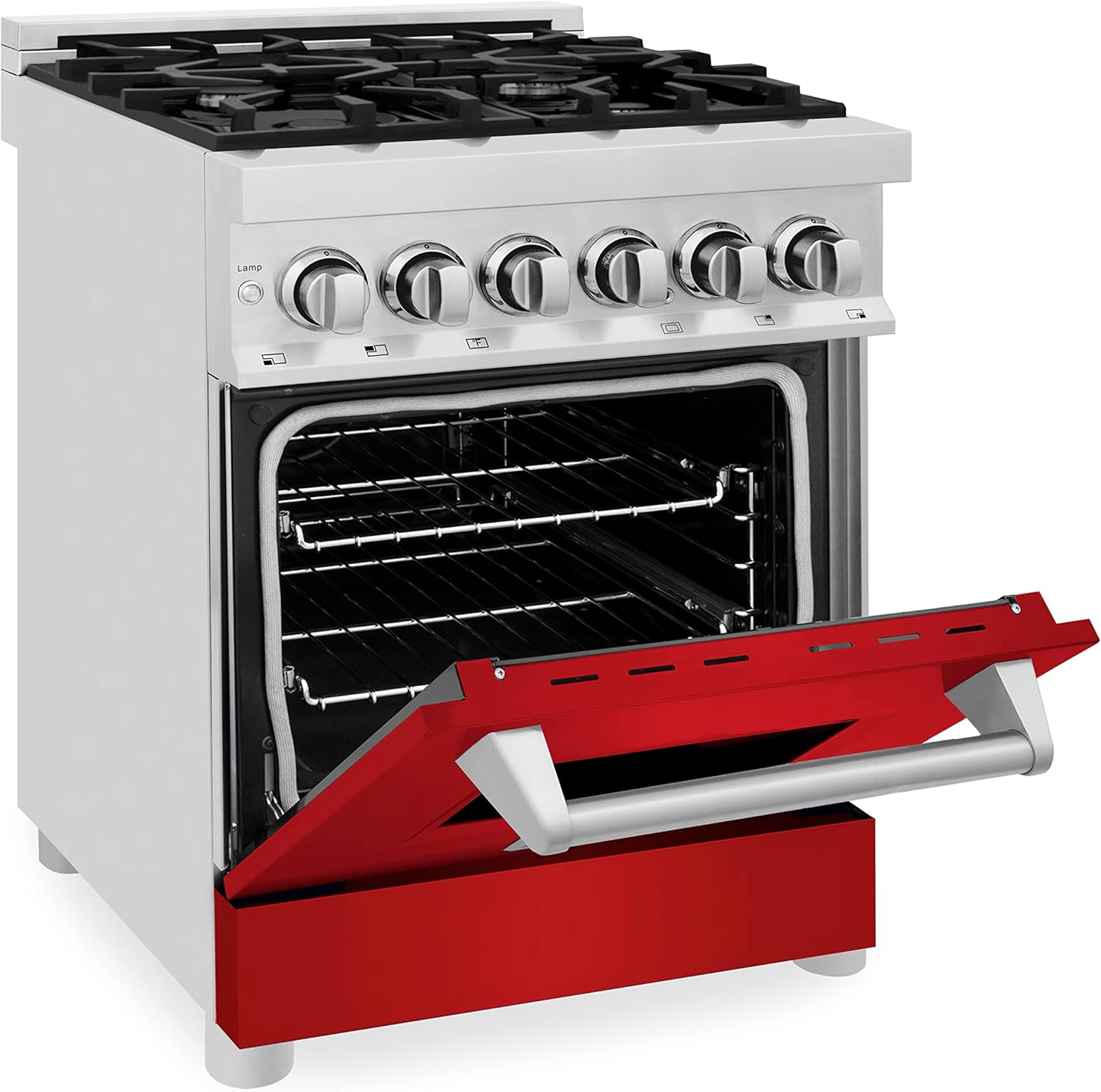 ZLINE 24 in. 2.8 cu. ft. Legacy Dual Fuel Range with 4 Burner Gas Cooktop and Electric Convection Oven in Stainless Steel and Red Matte Door (RA-RM-24)