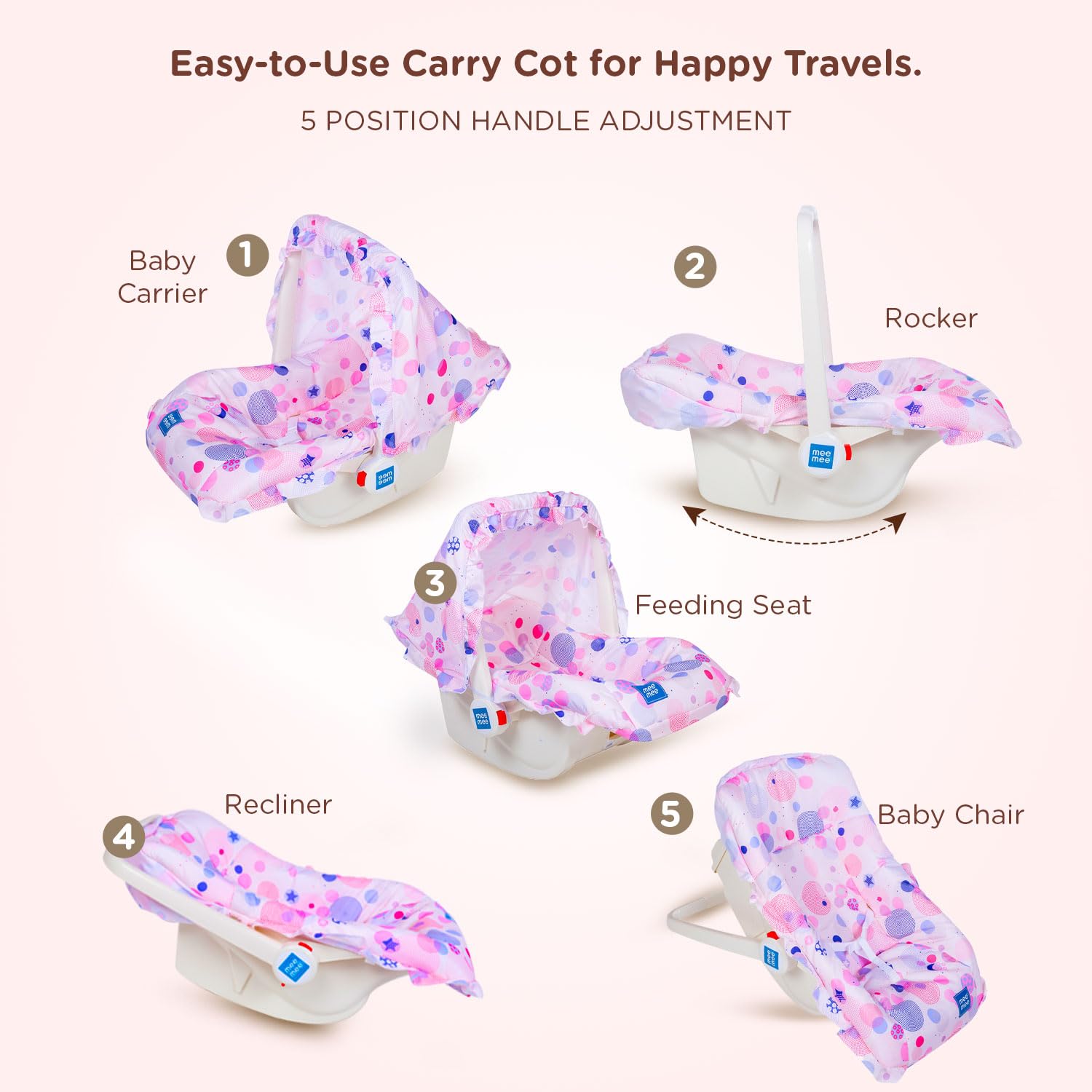 Mee Mee Cozy Carry & Rocking Chair 5 in 1 Multi-Purpose Kids Rocker with Adjustable Handle| Carry Cot with 3 Point Safety Harness 0 to 1.5 Years, Capacity Upto 13 KG | (Pink) - Image 3 thumbnail