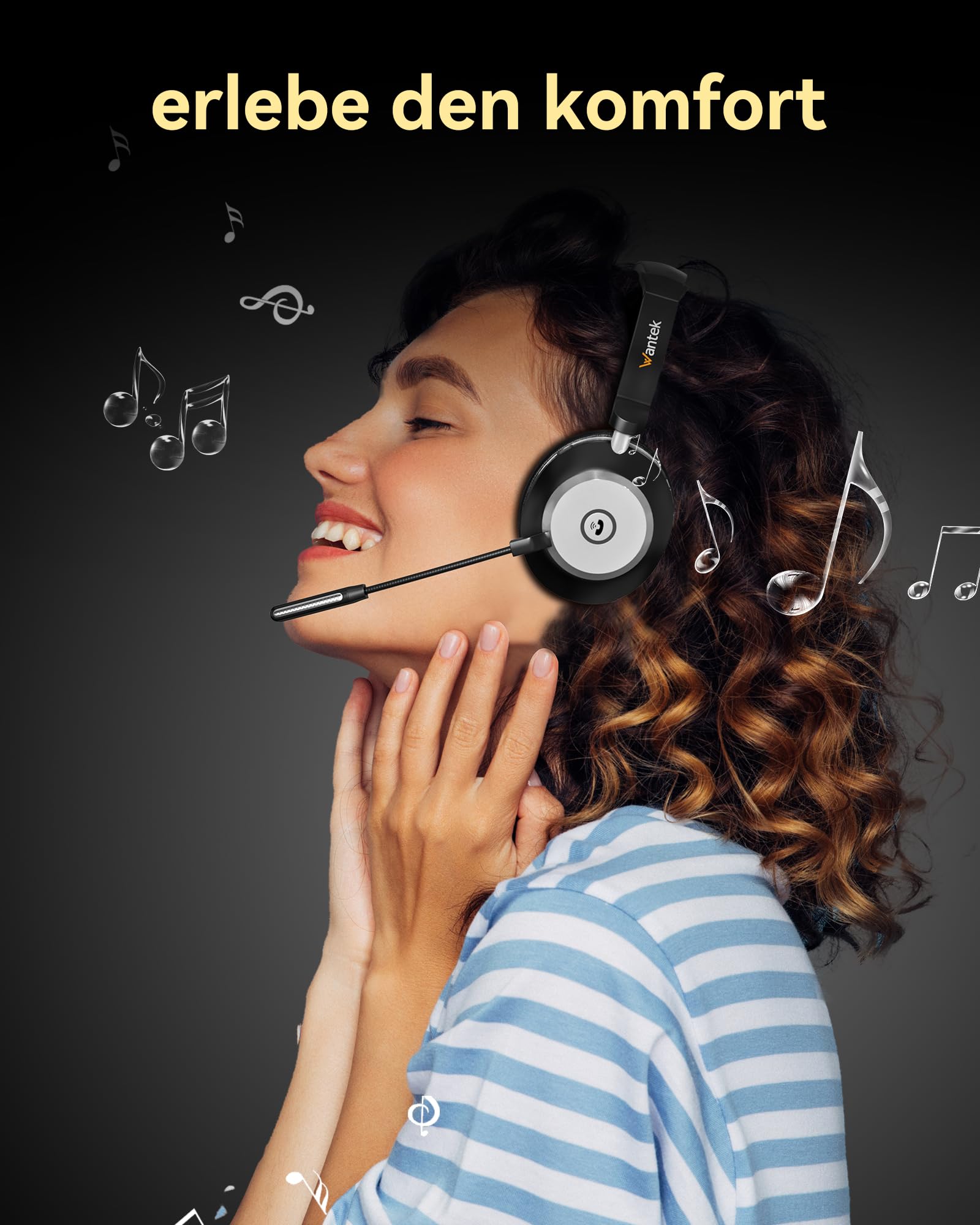 Wantek Bluetooth-Headset mit Mikrofon (EIN-Ohr) für PC, V5.2, Kabelloses Headset mit Rauschunterdrückungs-Mikrofon, USB-Dongle & Ladestation, Stummschalttaste für Arbeit, Handys, Computer