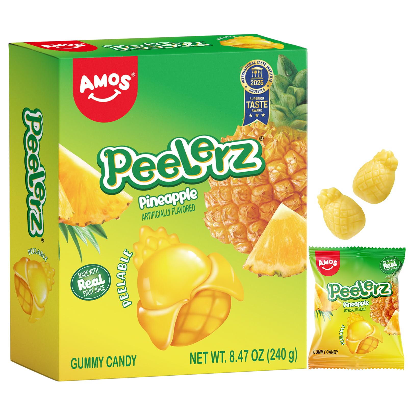 AMOS Peelerz Pineapple Gummy Candy, Peelable Fruit-Shaped Candy, 8.47oz Box with 10 Individual Packs – Fun Peeling Gummy Snack Made with Real Juice