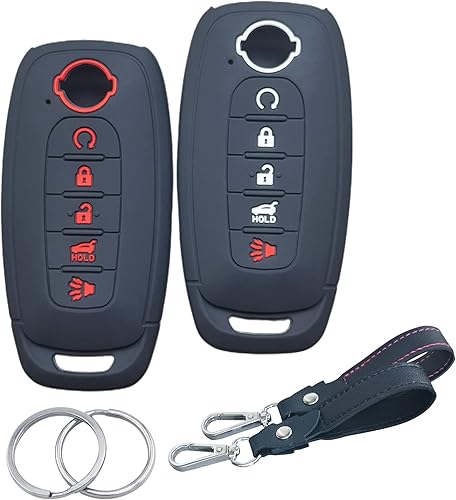 RUNZUIE 2 llaveros inteligentes de silicona para Nissan Rogue Pathfinder 2024 2023, 5 botones (negro con rojoblanco)