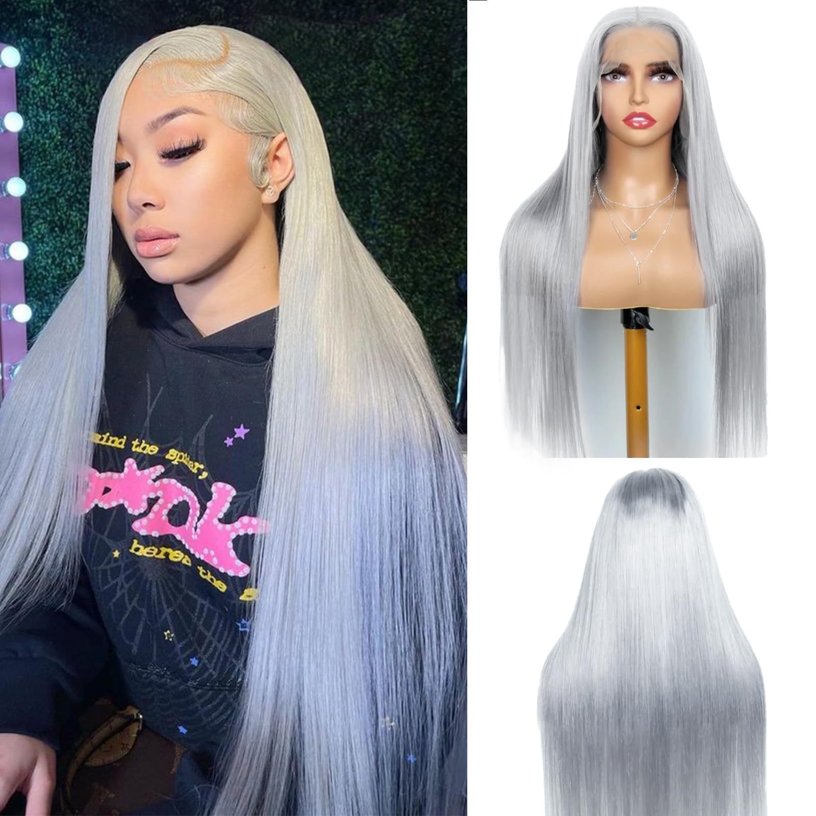 Beautiful Grey Blonde Lacefront Wig 24-28 inches!! Amazon.com : KINCYDU 13x4 HD Lace Front Wigs 28 Inch Grey  main image 2