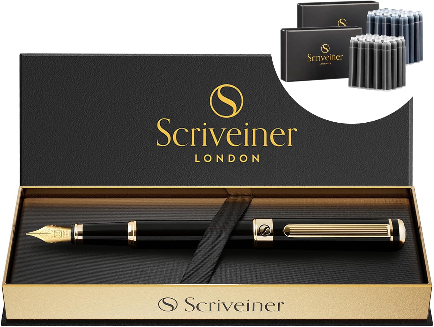 Scriveiner Luxury Fountain Pen - Stunning Black Lacquer Pen, Real Gold Plating, Schmidt Gilded Nib (Broad), Bundle with Fountain Pen Ink Cartridges - Black & Blue - 20 Standard International