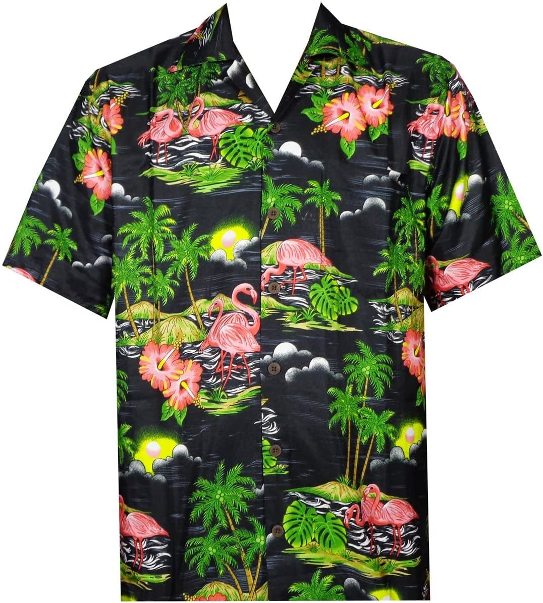 ALVISH Pink Flamingo Hawaiian Shirts for Men 48 Leaf Print Beach Aloha Party Casual Mens Shirt (Color: Pure Black/Size: L)