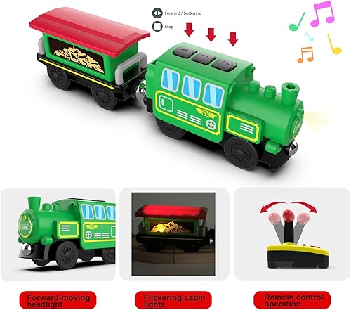 Miniatura 3 de Juego de tren de locomotora a pilas para carriles de tren de madera, potentes vehículos de tren de tren eléctrico a control remoto con luz y sonido,