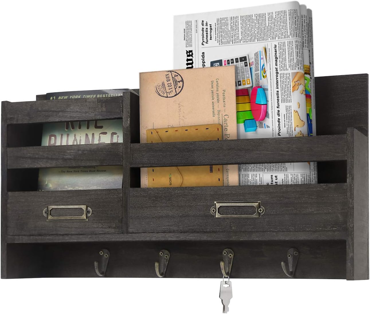 Flexzion Mail Sorter Key Holder, Rustic Wood Wall Mount Entryway Storage Organizer 2-Slot Wall Mail Holder with Tags Frame & 4 Key Hook Rack/f Front Door Mudroom Hallway Kitchen Office, Dark Brown
