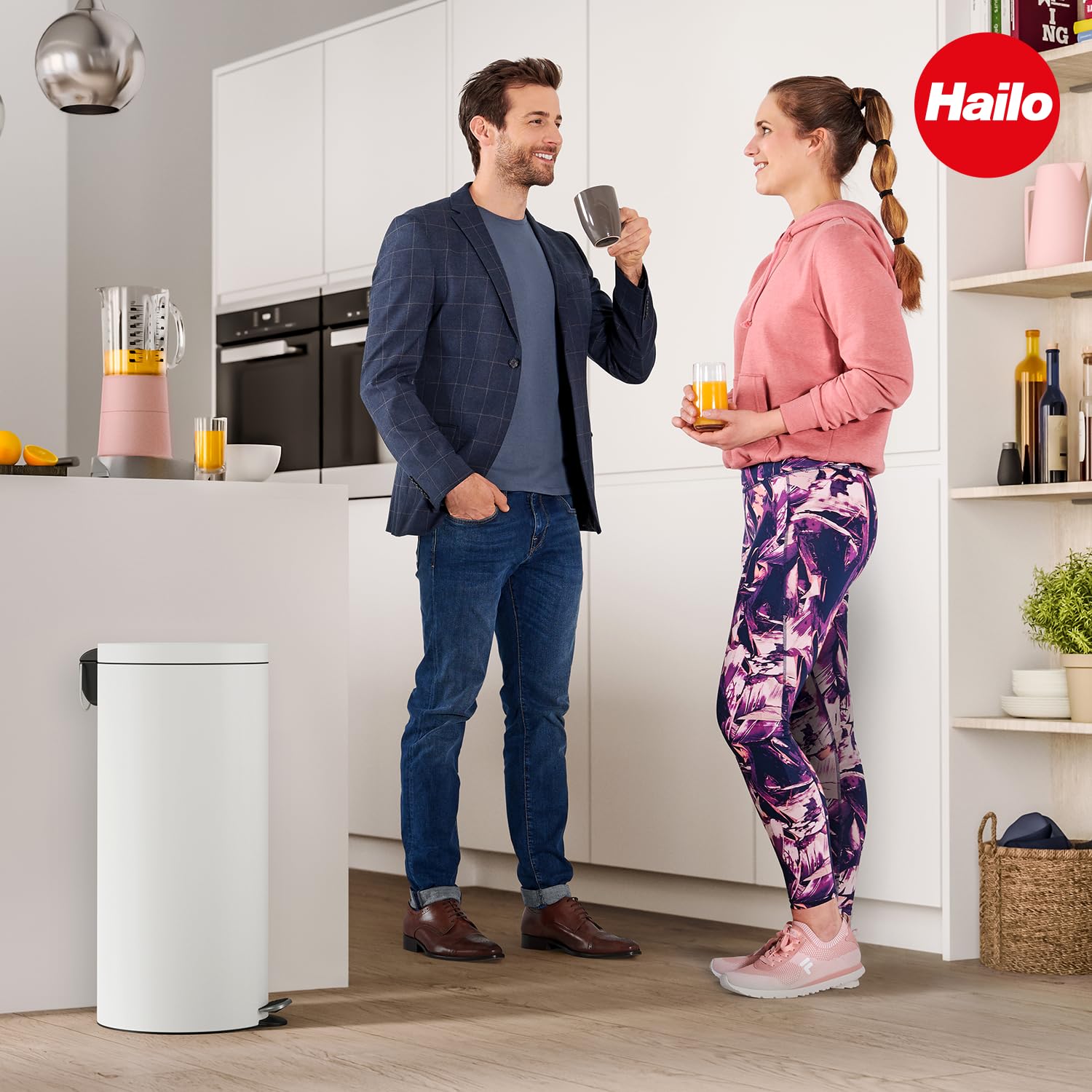 Hailo Selekta runder Tretmülleimer mit Soft Close Deckel - 30L Fassungsvermögen - herausnehmbarer Inneneimer - Stahlblech - Bad & Küche - Tretmülleimer mit Design-Fußpedal - weiß