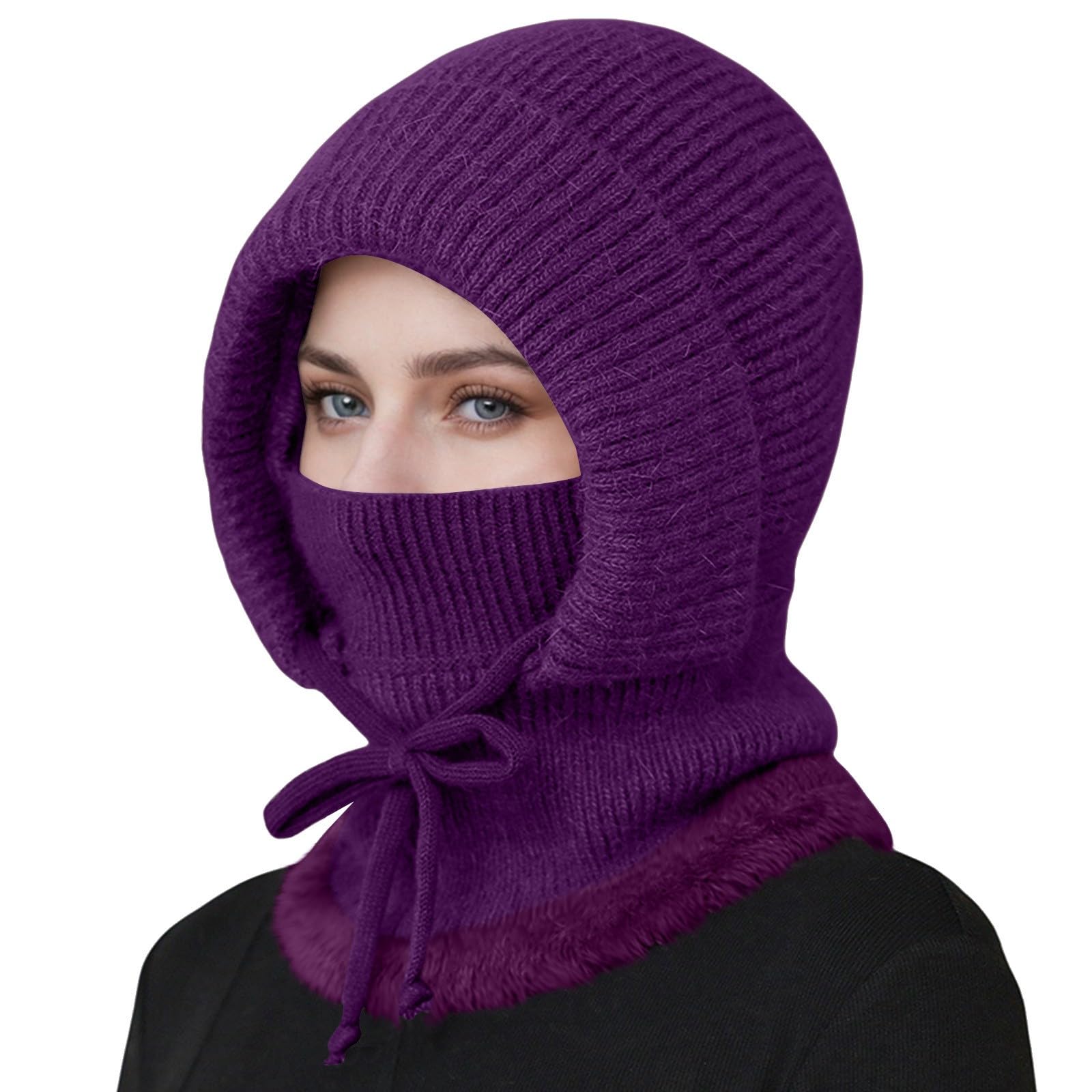 Générique Bonnet Tricot Femme d'hiver, Cagoule 3 en 1 avec Écharpe à Capuche, Chapeaux Hiver Chauds et Élastiques en Laine pour Femmes, Cagoule Balaclava Masque Thermique pour Ski, Cyclisme Outdoor