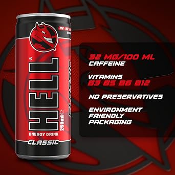 HELL Energy Drink Classic Flavour | 24 x 250ml Cans Multipack | 32mg / 100ml Caffeine | يحتوي على فيتامينات B2 B3 B5 B6 B12 | خالٍ من المواد الحافظة | نباتي | تقليل التعب