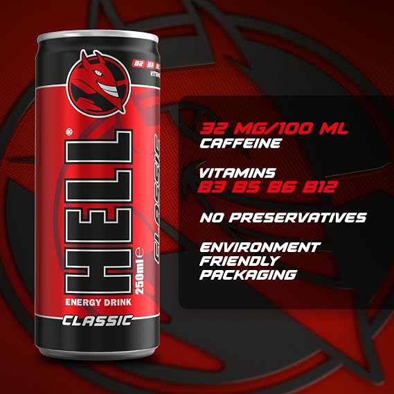 HELL Energy Drink Classic Flavour | 24 x 250ml Cans Multipack | 32mg / 100ml Caffeine | يحتوي على فيتامينات B2 B3 B5 B6 B12 | خالٍ من المواد الحافظة | نباتي | تقليل التعب