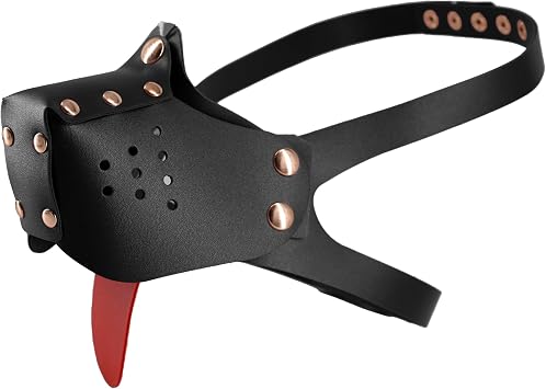 Puppy Half Face Leather Dog Mask with Red Tongue Pup Muzzle for Halloween Black