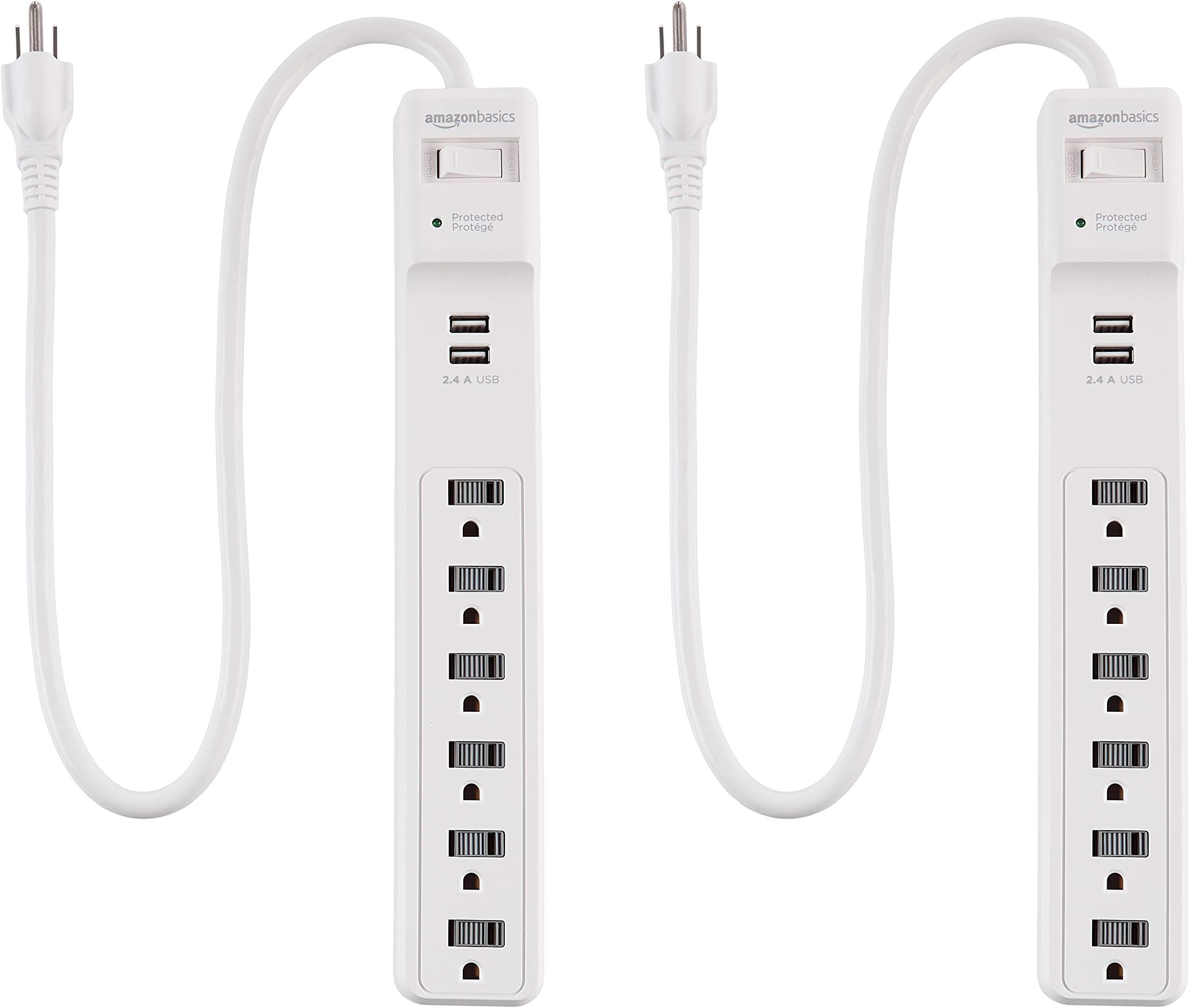 Amazon Basics 6-Outlet Surge Protector Power Strip, 2 USB Ports, 2 Ft Cord - 500 Joule, White, 2-Pack