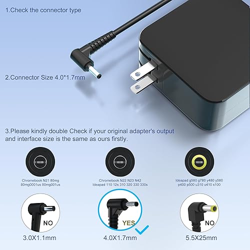 Miniatura 4 de Adaptador de CA de 65 W, 20 V, 3.25 A, cargador para laptop compatible con Lenovo IdeaPad 110 130 310 320 330 510 100S 130S 530S 710S S310 S340 Flex