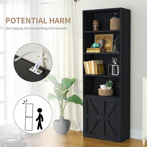 Miniatura 3 de oneinmil Juego de 2 estanterías de 6 niveles, estantes de madera con puertas de gabinete, estantería de piso y gabinetes de almacenamiento de