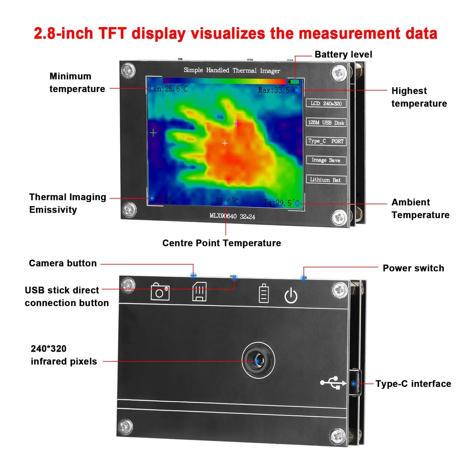 Cámara termográfica de -40 ℃ a 300 ℃ Cámara de imagen térmica pequeña de 2,8 pulgadas compatible con medición de temperatura central mínima máxima Para detección de calefacción interior y de suelo