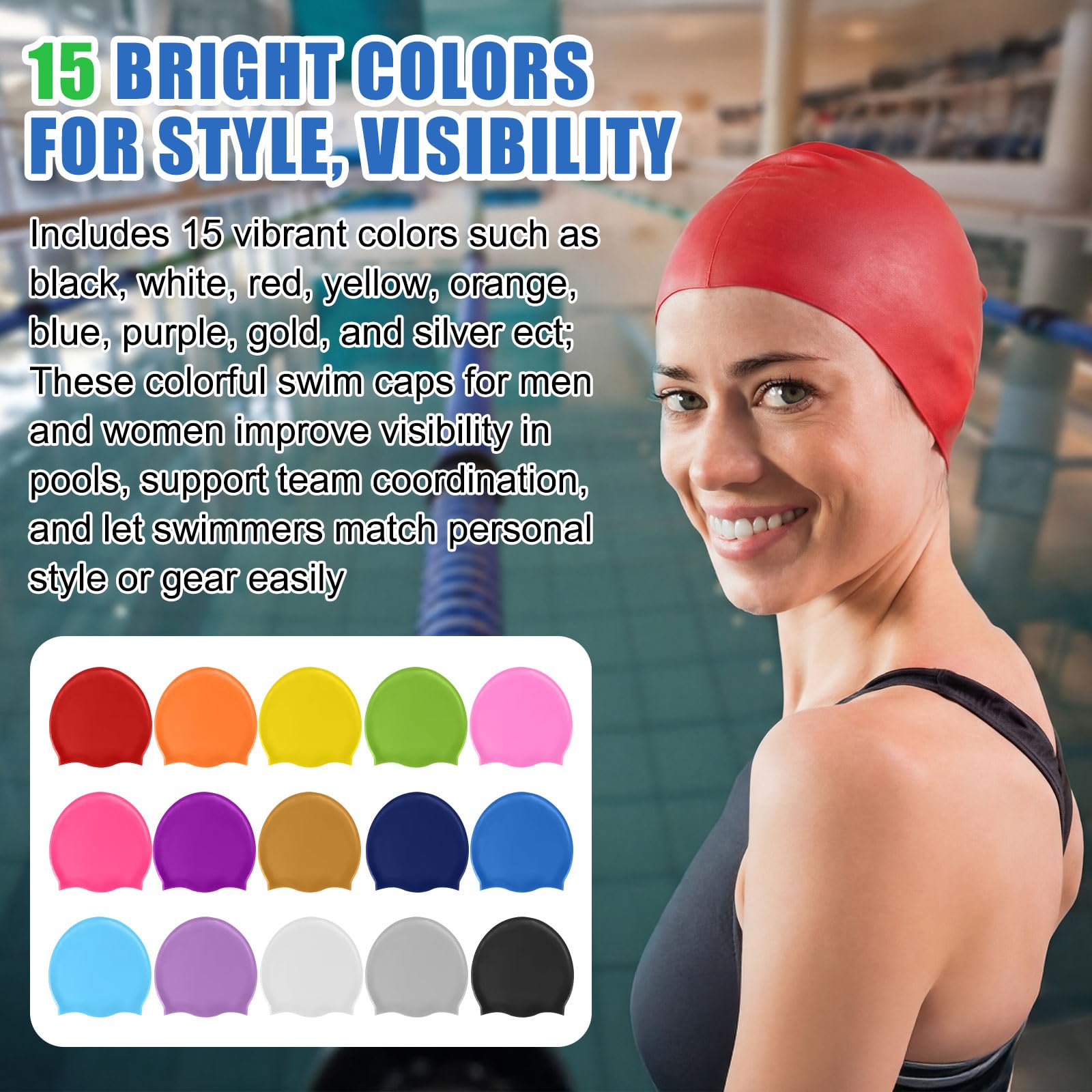 15 gorros de natación unisex de silicona para adultos, impermeables, a granel, para mujeres, hombres, adultos, jóvenes, antideslizantes, gorro de piscina, gorras elásticas de silicona, capa