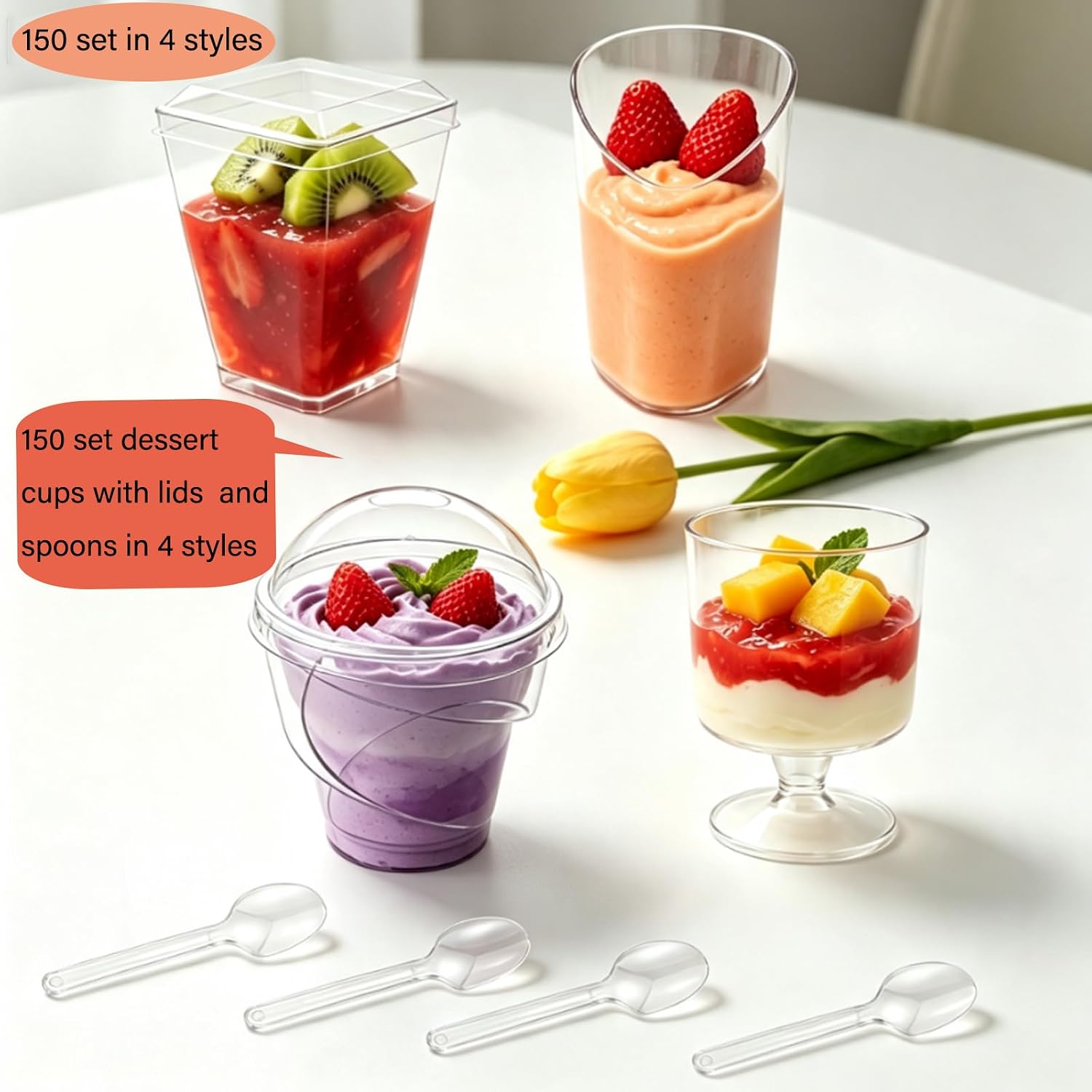 380 Pack 150 Set Clear Dessert Cups with Lids and Spoons, 5oz Mini Dessert Cups Reusable Square Parfait Cup for Party Appertizer, Christmas