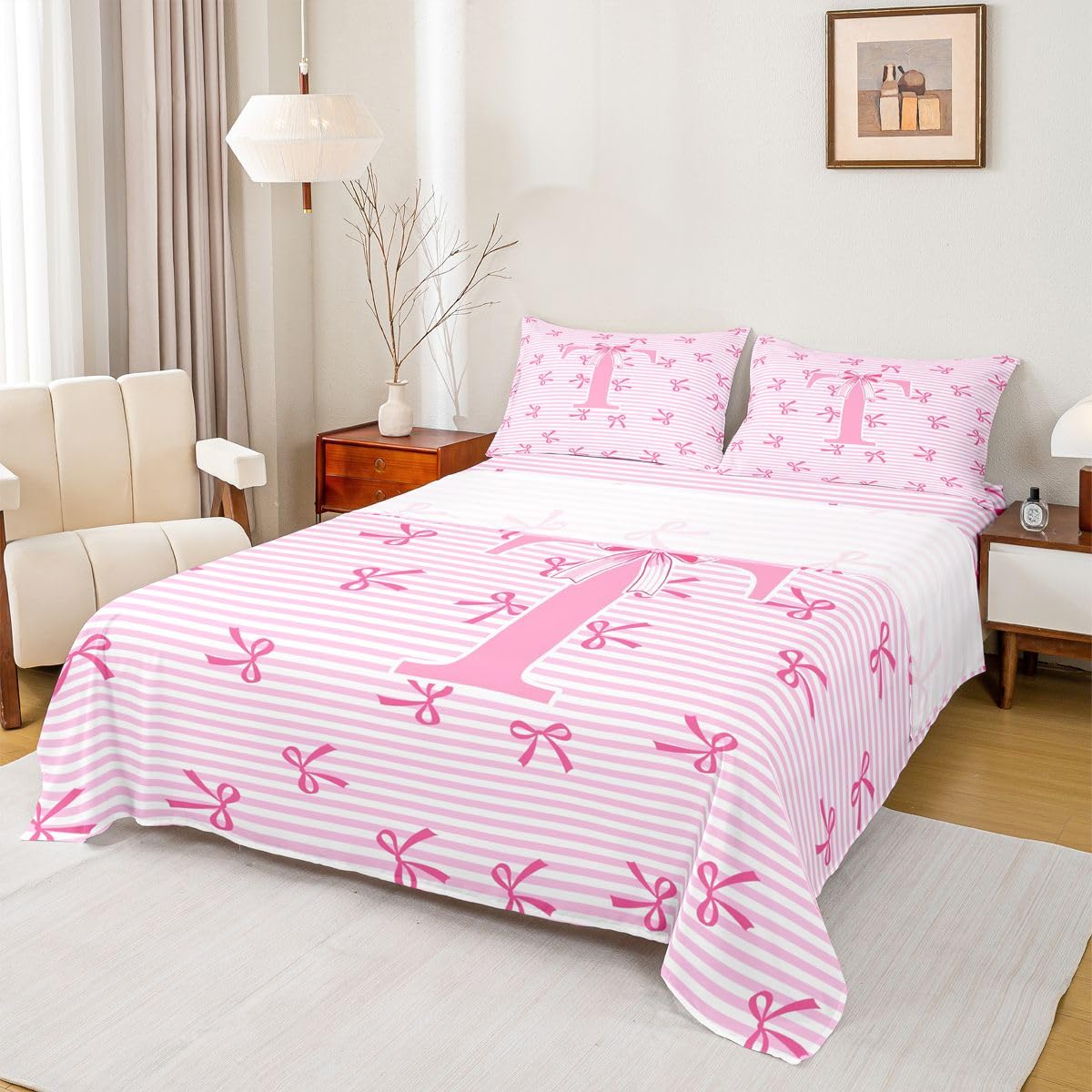 Homewish Monogram litera T zestaw pościeli podwójna urocza różowa kokarda prześcieradła kawaii kokardka w paski pościel - marzycielska księżniczka kokardki zestaw pościeli 4 sztuki