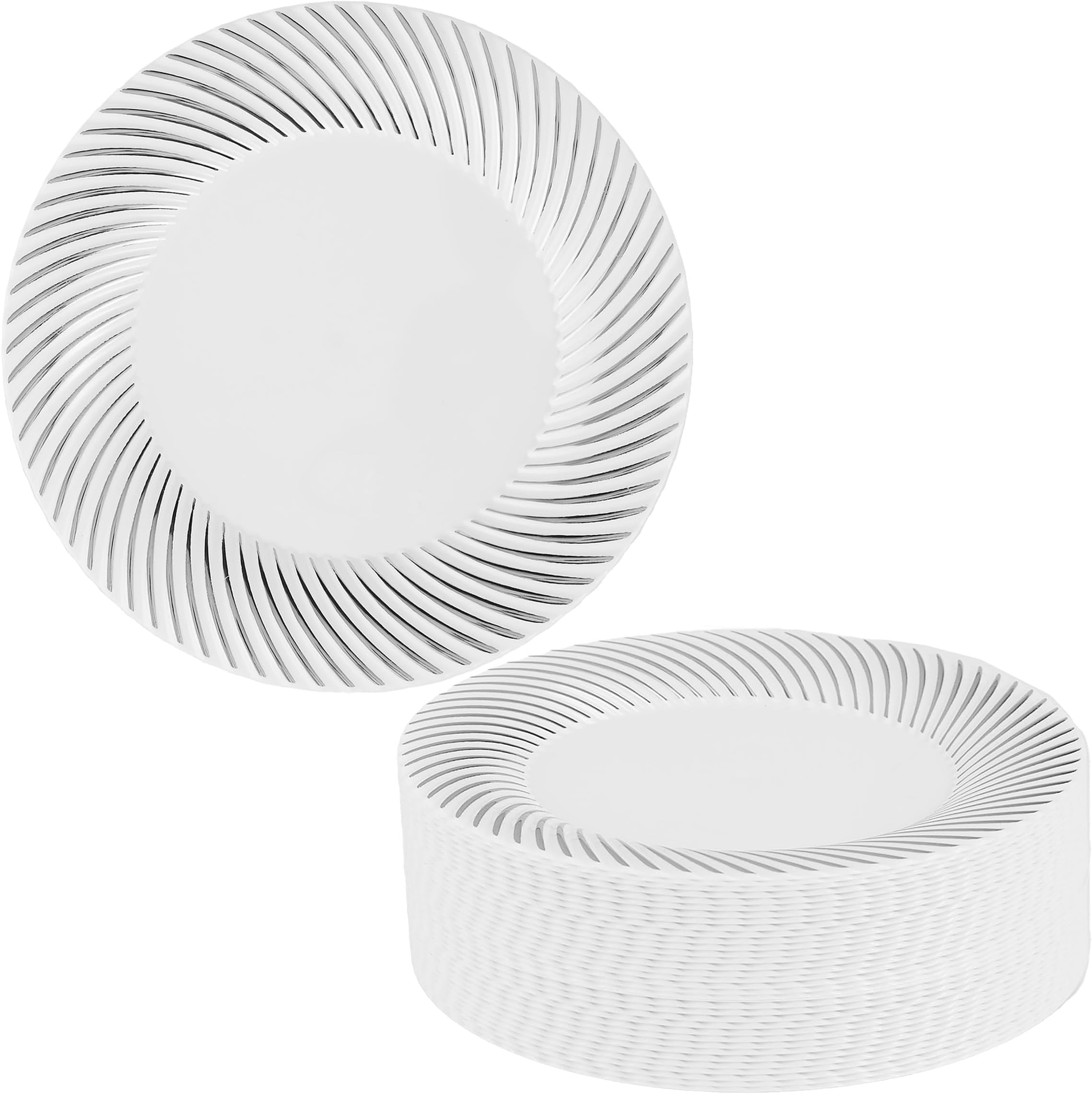 MATANA40 Premium White Plastic Dinner Plates with Silver Rim, 25cm / 9.8 Inch - Elegant & Reusable Party Plates for Weddings, Birthdays, Picnic, BBQ, Parties
