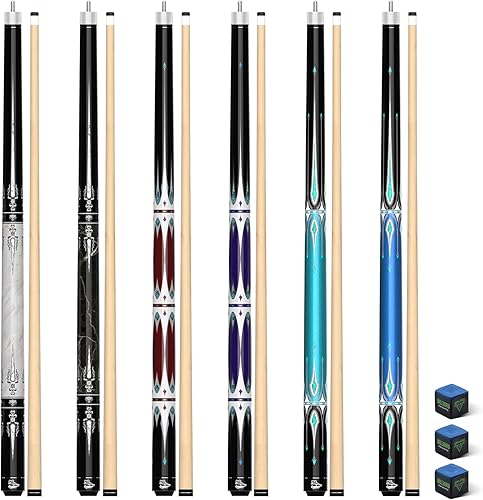 Miniatura 8 de Juego de 6 tacos de billar de 58 pulgadas, 2 piezas, de arce comercial, 18, 19, 20, 21 onzas, palo de billar de 0.512 in con tizas