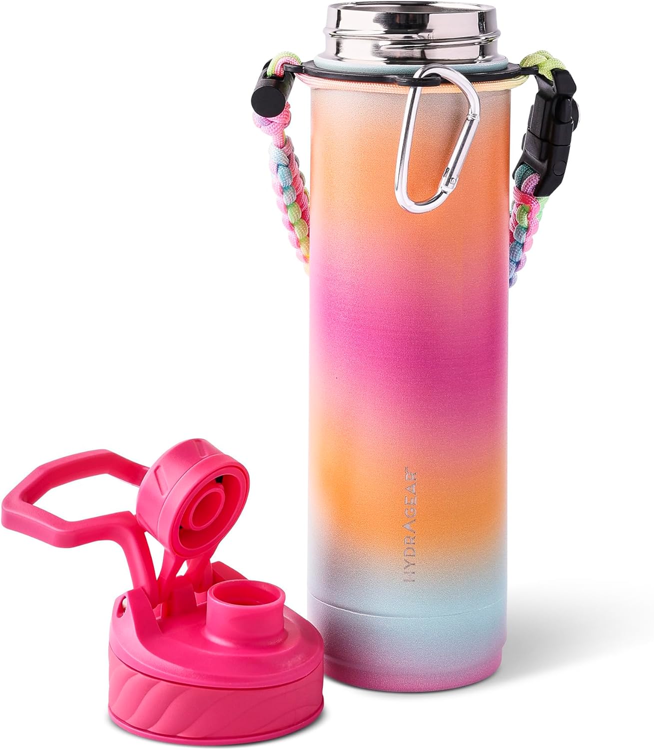 Hydragear Zenith Chugger 26 oz Stainless Steel Water Bottle – Double-Wall Vacuum Insulated with Leak-Proof Chugger Lid, Braided Handle & Carabiner – BPA-Free - Tropical 3D Ombre