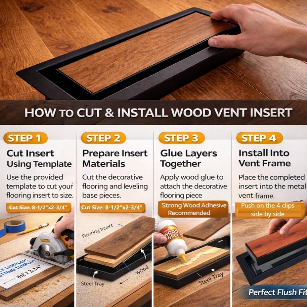 Floor Register 4x10 Modern Vent Covers Tile Insert Cover Steel Vents registers 10x4 Drop in with Custom Made Tiles Inserts Iron Tray Low Profile Hardwood Floors grates Grille Marble (5 X Black)