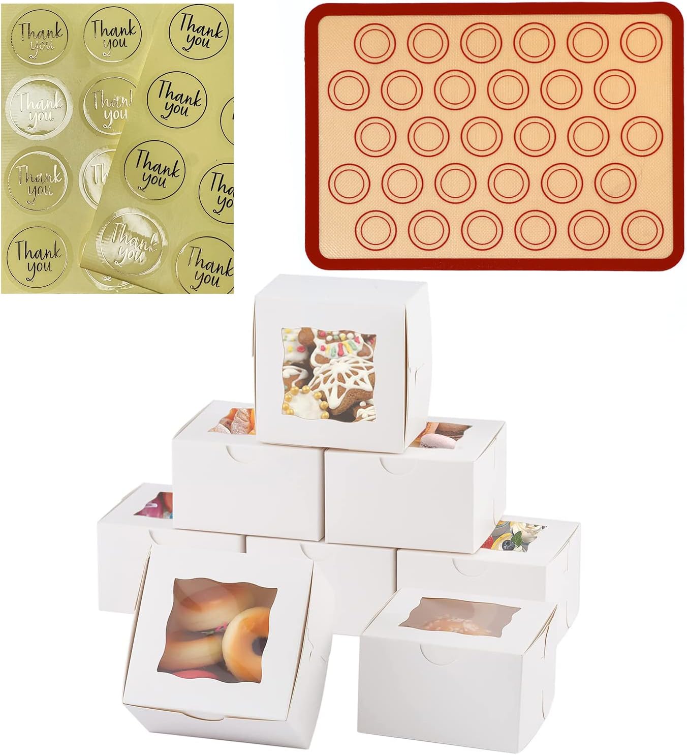 Bakery Boxes 4X4X2.5, Cookie Boxes 40 Pack, Silicone Baking