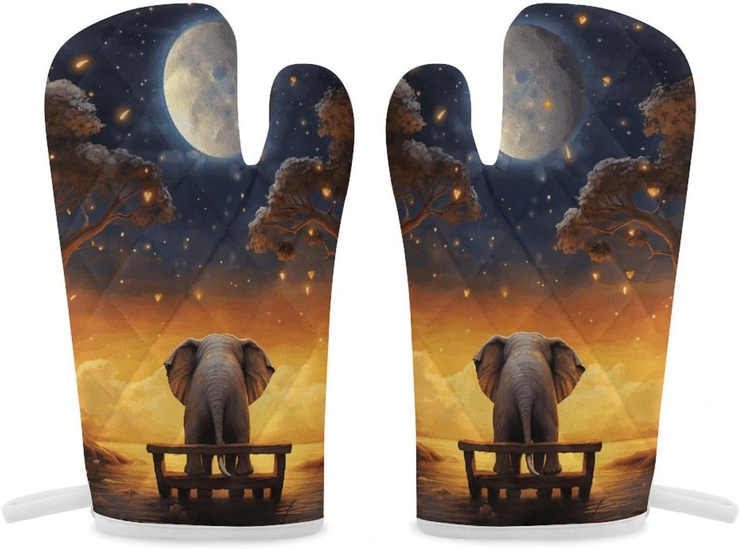 2 Pcs Oven Mitts Heat Resistant Kitchen Gloves Soft Safety Animal Elephant Owl Tree Moon Star Oven Glove for Microwave, Barbecue