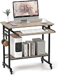 Tangkula Rolling Computer Desk Cart with Keyboard Tray, Mobile Portable Laptop PC Desk with CPU Stand & 3 Hooks for Sofa & Bed, Industrial Small Desk on Wheels for Small Spaces, Home Office Desk