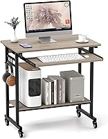 Vista 10 de Tangkula carro de escritorio de computadora con bandeja para teclado, escritorio portátil para laptop con soporte para CPU y 3 ganchos para sofá