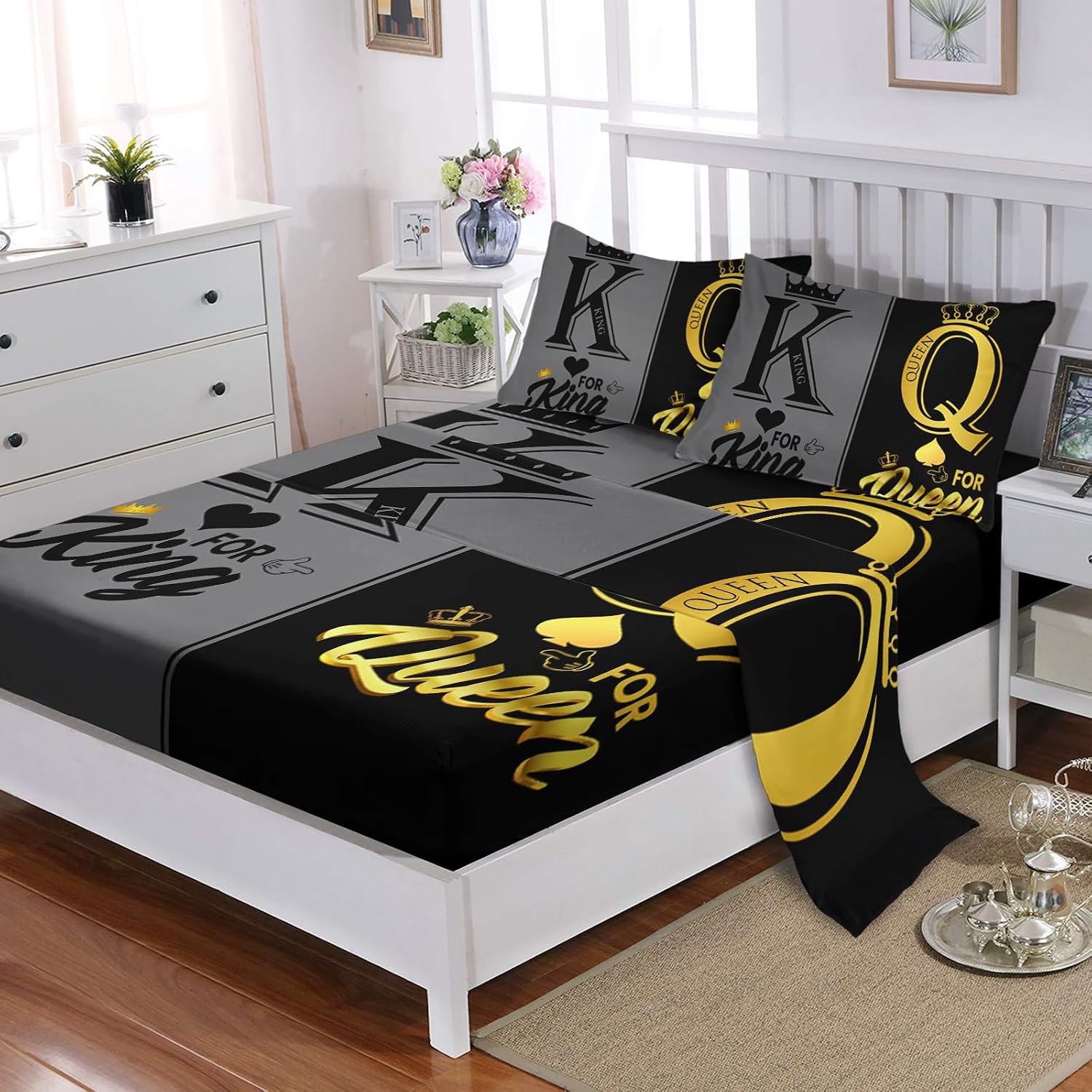 Nttopship King and Queen 4 Pieces Bed Sheet Sets Queen Size Mr Mrs Bedding Sets with 16" Deep Pockets Black and Gray Couple Bedroom Decor,Bedding Set 4 PCS(1 Fitted+1 Flat+2 Pillowcases)
