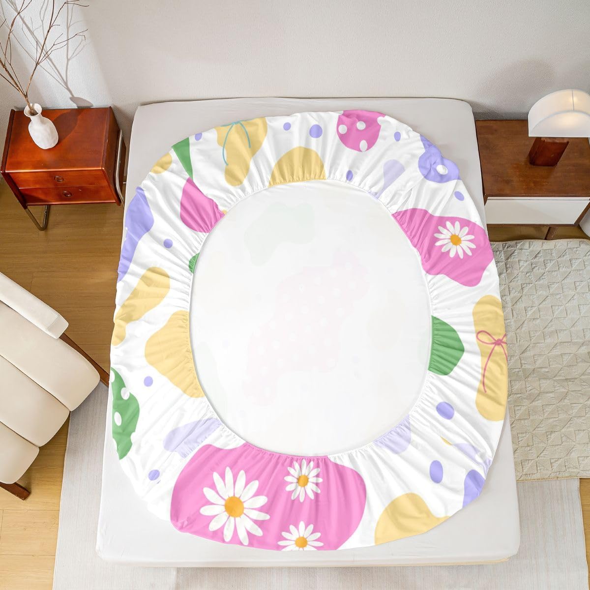 Castle Fairy Kawaii Patchwork Fitted Sheet Full Size (No Flat),Cute Polka Dot Bedding Set 3Pcs,Kids Boys Teens Room Decor,Sweet Bow Bed Sheets White Daisy Print Deep Pocket Sheet,2 Pillowcases