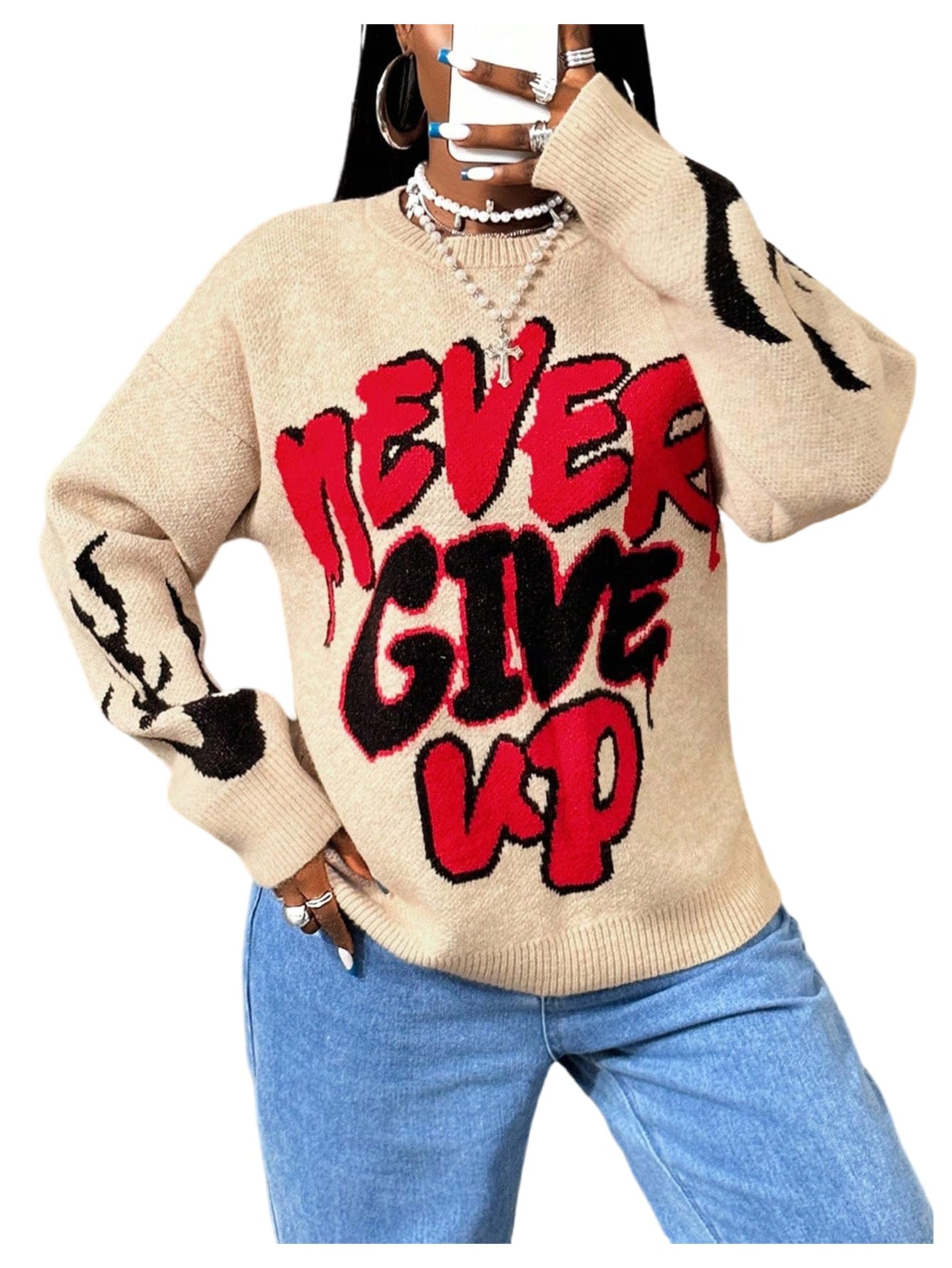 Womens Letter Graphic Sweater Crew Neck Pullover Sweaters Streetwear Tops