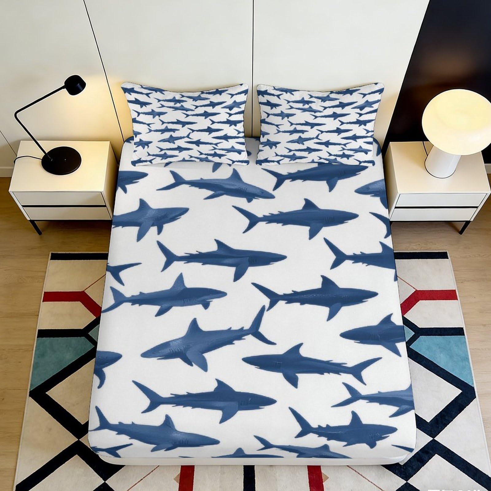 Zfldkwgb Style-8 3D Printed Shark Ocean Fitted Sheet Microfiber Soft Washable Blue Sea Mattress Cover For Bedroom Guestroom Decor 90X200x25cm