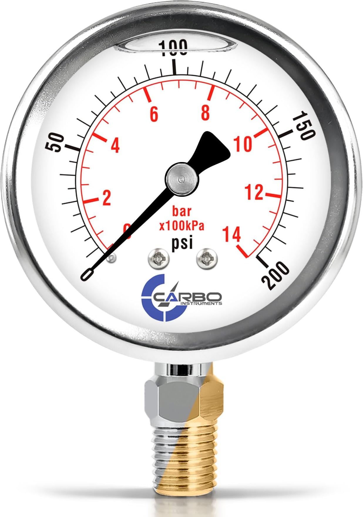 200 PSI Glycerin Liquid Filled Pressure Gauge, 2.5" Dial, 1/4 NPT Lower Mount, 304 Stainless Steel Case, Brass Wetted Parts, Dual Scale PSI/Bar - ASME B40.1 Grade A