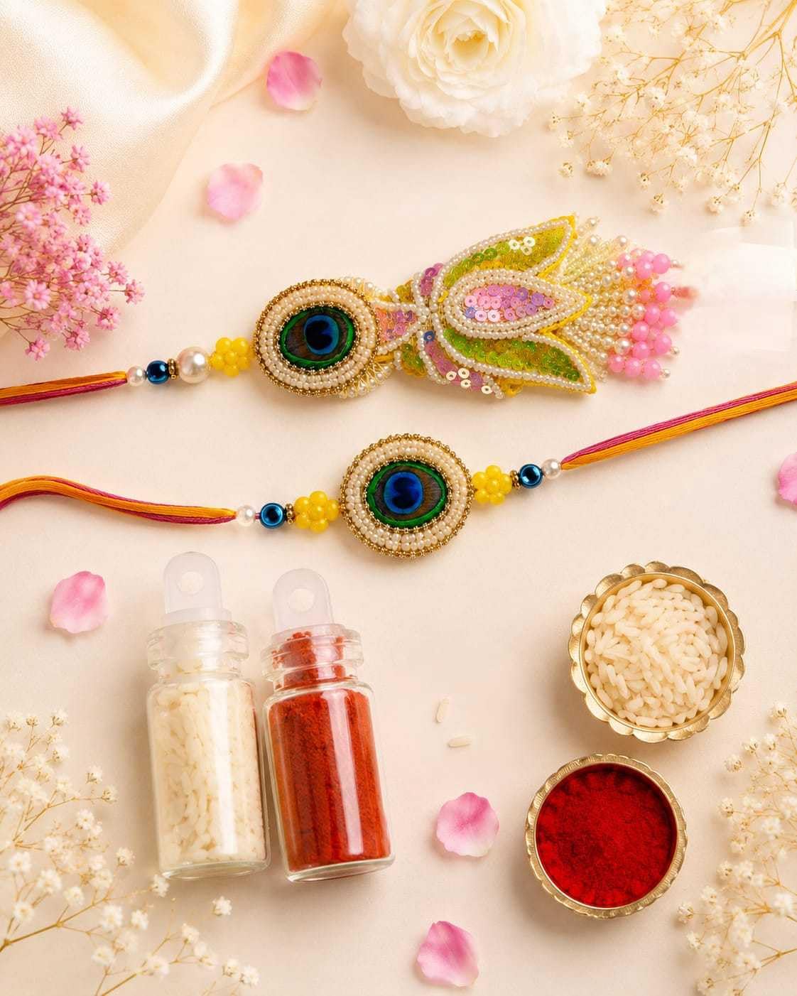 Peacock Feather Bhaiya Bhabhi Rakhi Set with Lumba Rakhi, Designer Mor Pankh Rakhi for Raksha Bandhan, Handmade Beaded Rakhi, Pooja Plate & Pooja Kit Included-image-25