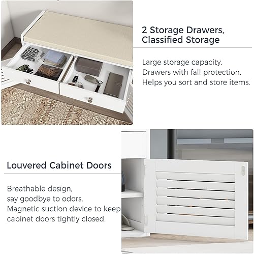 Miniatura 5 de Banco de almacenamiento de 2 niveles, banco de zapatos con cojín de asiento acolchado, banco de entrada con 2 cajones y estantes ajustables, color