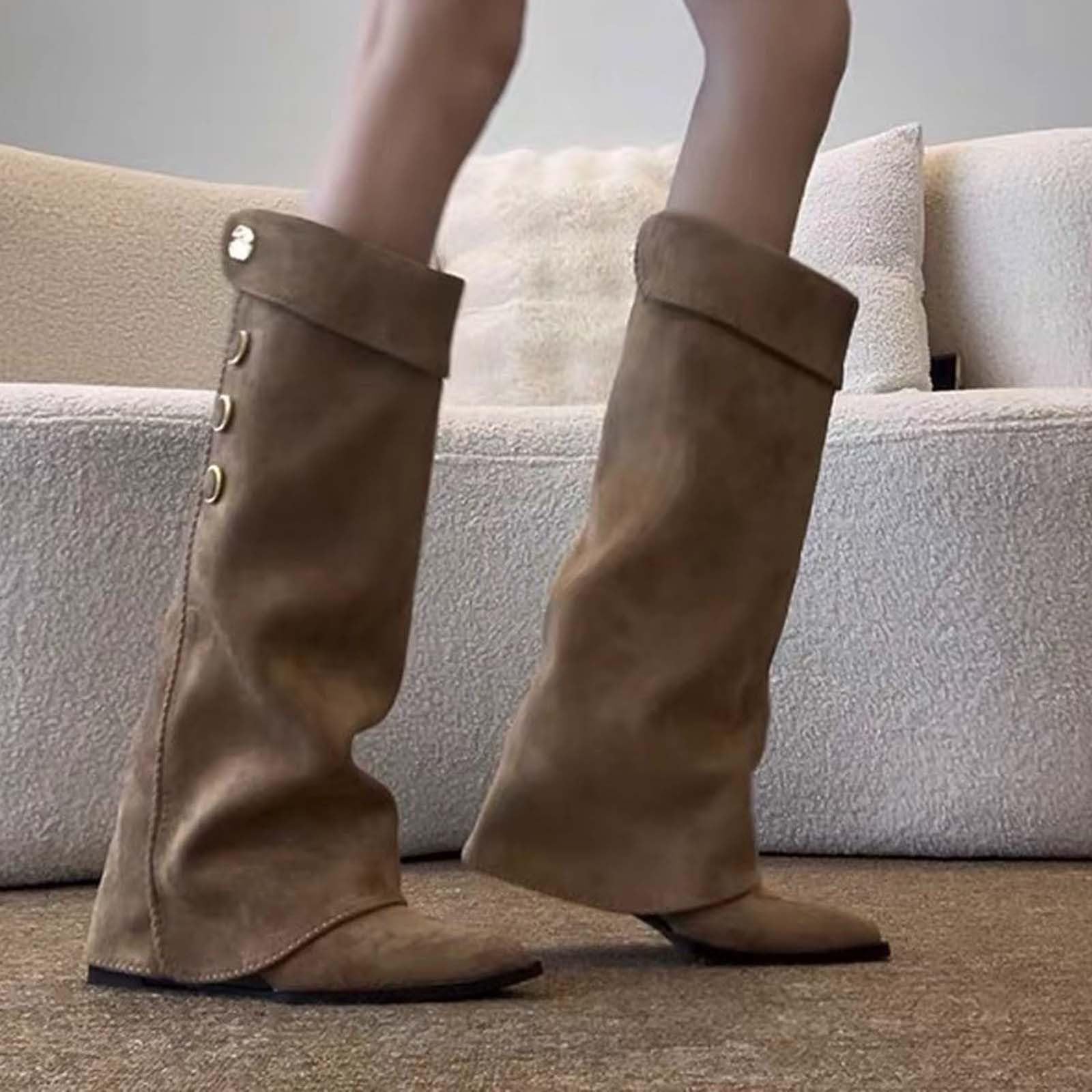 Botas de Invierno Mujer Botas Altas de Moda con tacón, Punta Fina y caña apilable, Estilo Ecuestre, cómodas para Uso Diario.